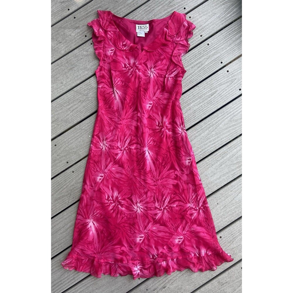 Tess Dress 100% Silk Pink Floral Print Ruffle Hem Y2K Sz 14 (fits M) Vintage